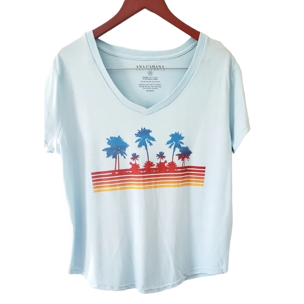 Ana Cabana Blue 70's Style V-Neck Tee Shirt Plus Size 1X/ NWT